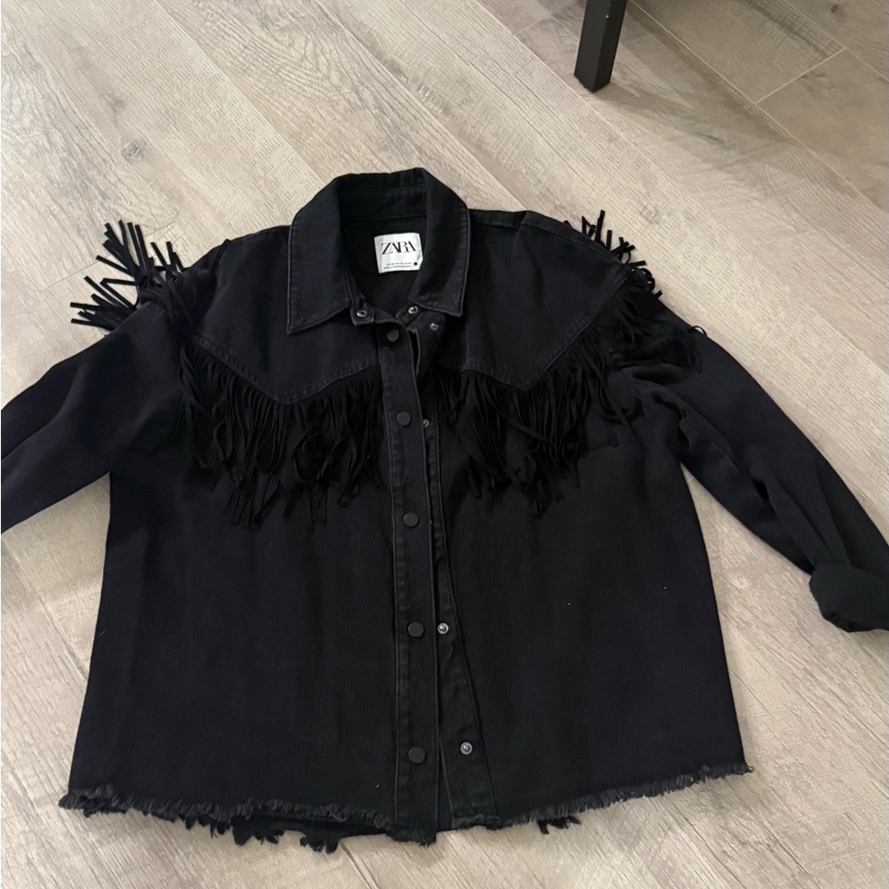 Zara Black Denim Jacket with Fringe